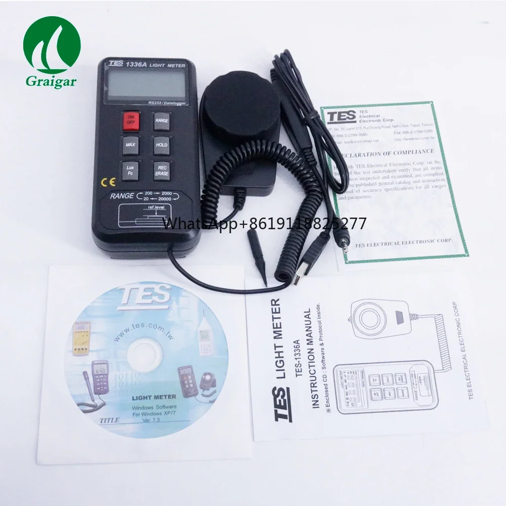 TES1336A Lightness Meter Digital Illuminance Tester 20/200/2000/20000 Lux TES-1336A Datalogging Light Meter with USB