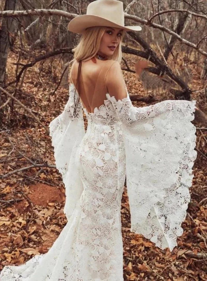 Crochet Boho Mermaid Wedding Dresses Flare Sleeves Sheer O-neck  Bold Cotton Lace Bohemian Hippie Country Bride Gowns Sweep