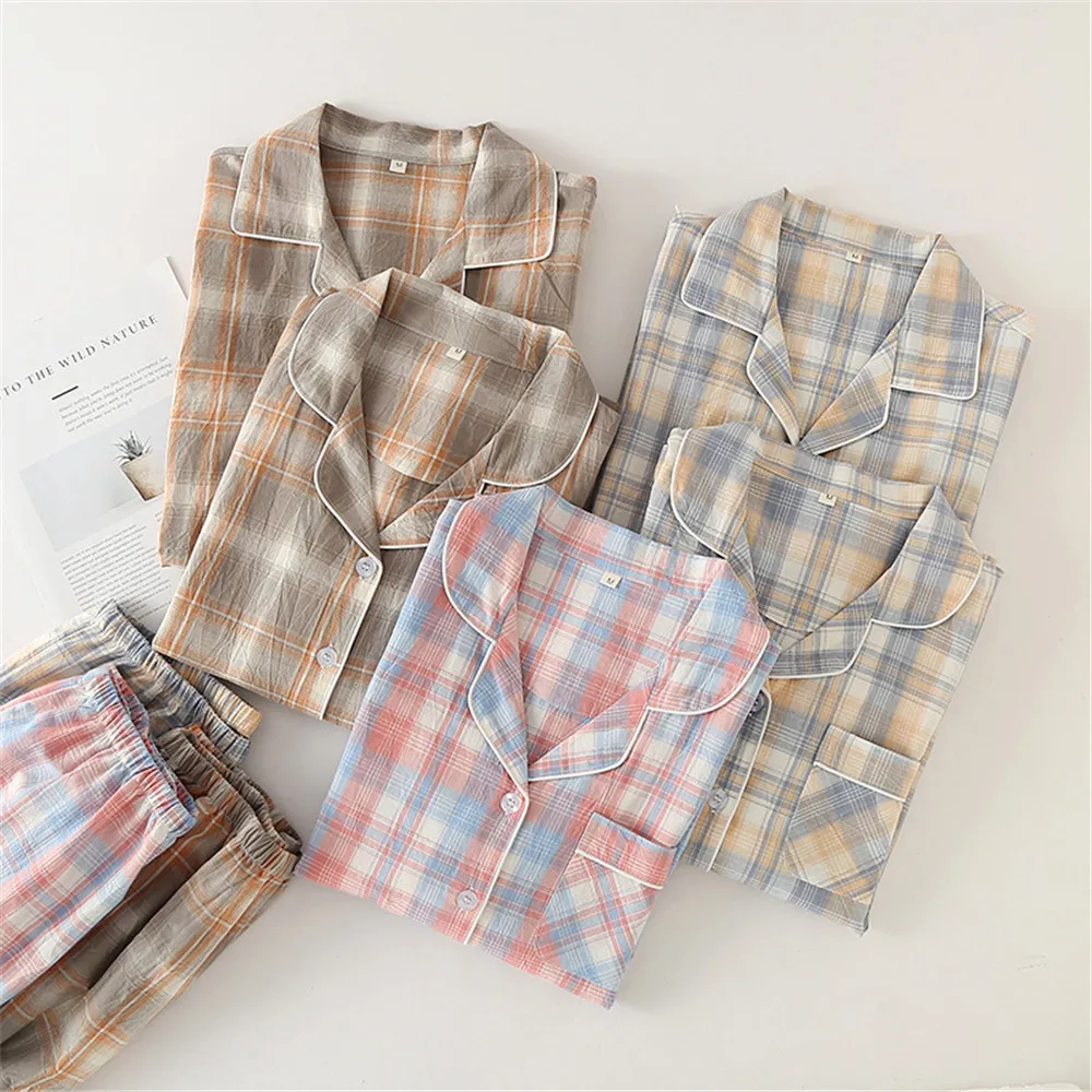 

Japanese Style Summer Couple Plaid Pajamas Suit Cotton Shirt Pants Sleepwear Women Men's Loungewear