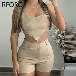 2024 Women Sexy Spaghetti Straps Heart Pattern Rhinestone Decor Cami Top & Solid Bottom Summer Short Sets