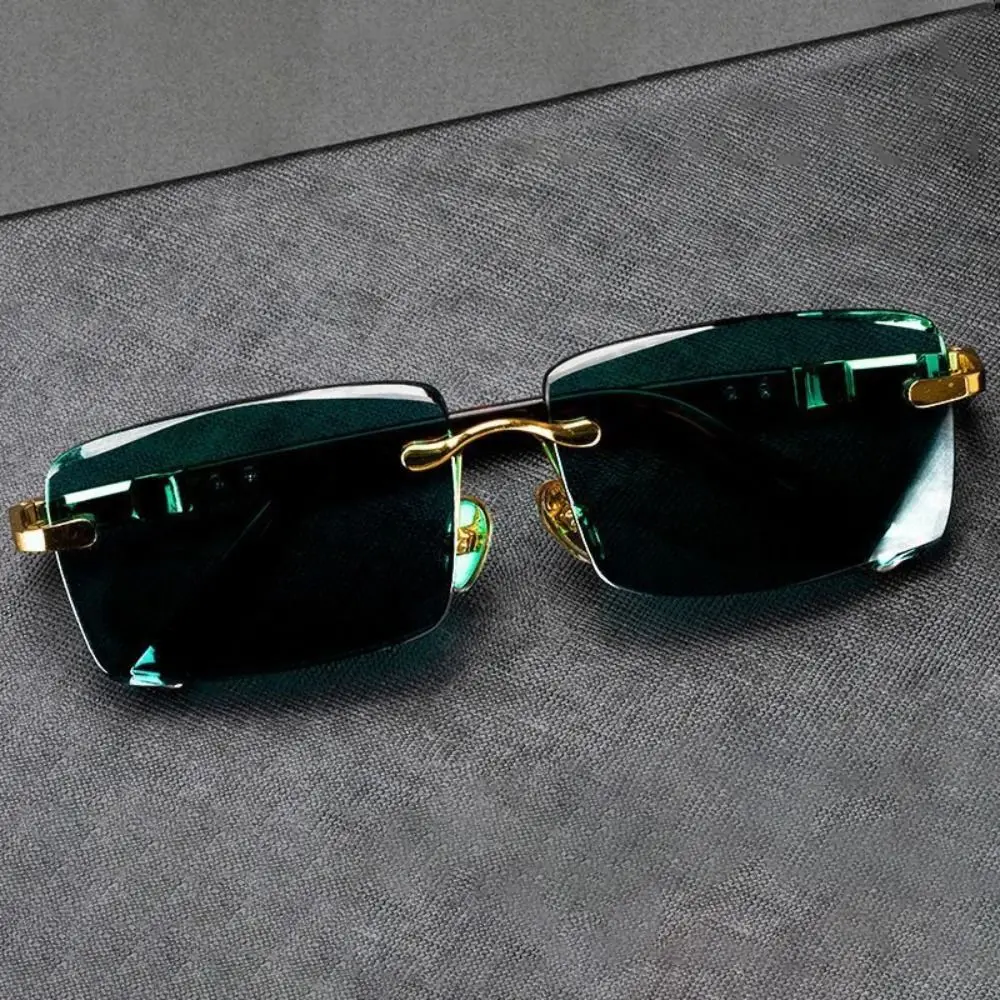 Retro Frameless Men's Sunglasses Green Crystal Stone Leopard Print Cycling Goggles Metal UV Protective Driving Glasses