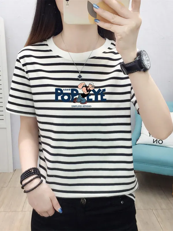 

plus Size Striped T-Shirt Women's Loose Fit Summer New Style Beautiful Slimming Maternity Top Comfortable Cotton Blend Short ...