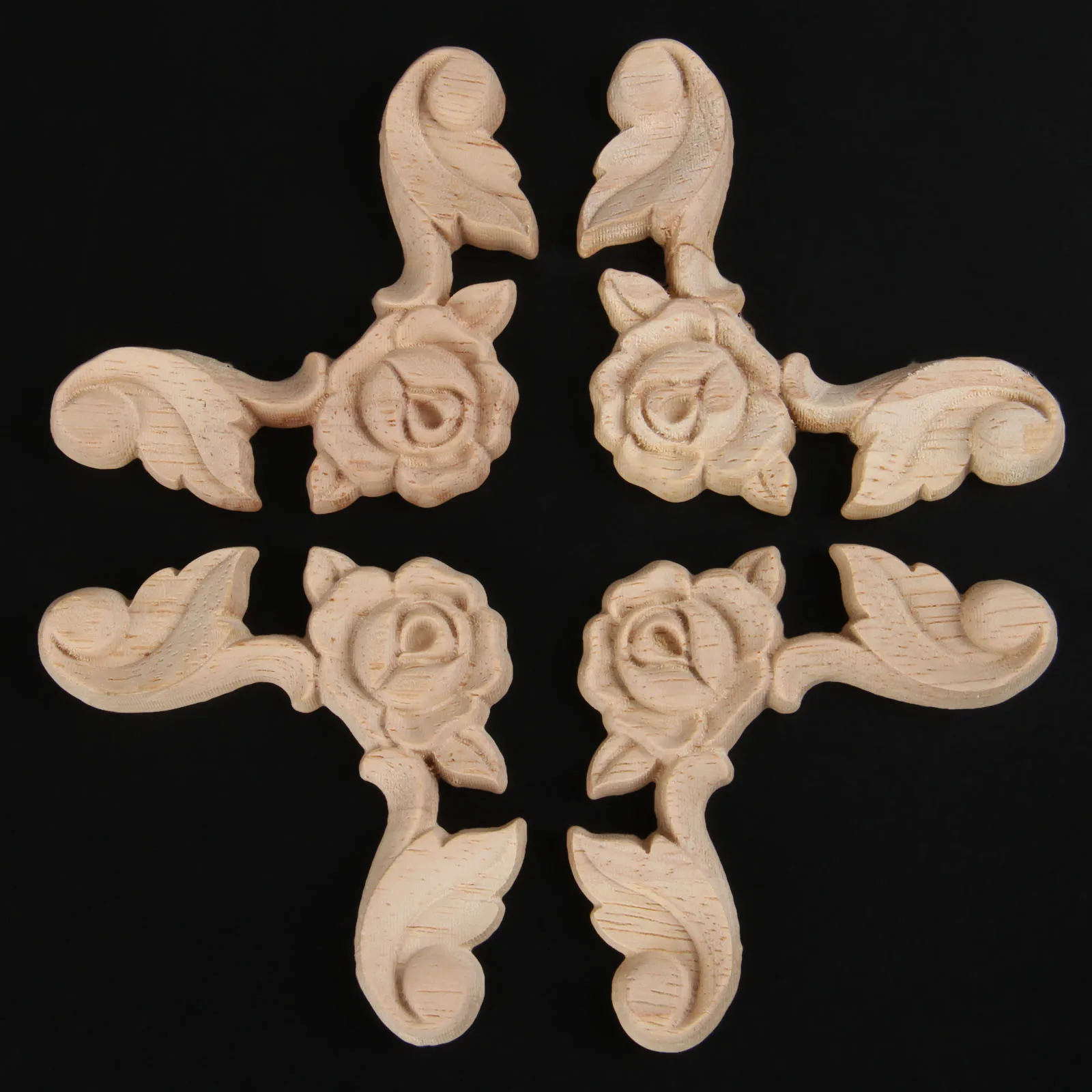 4pcs 2.6x6cm Wood Carvings Decals Corner Decorative Plaques for Cabinet Walls Doors Bed Cupboard Dresser Closet Bed DIY Project