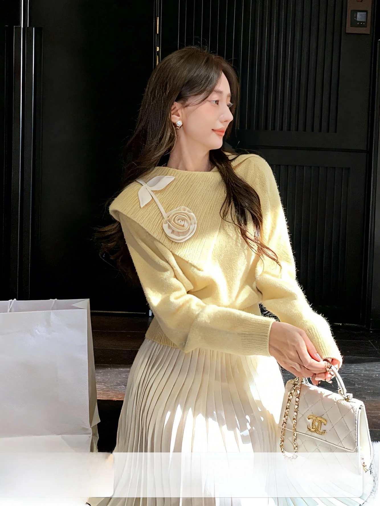 

Sweet Collar Long Sve Women's Sweater Loose Fit Autumn Winter New Sle Zhang Xinyou Flower Vine Thousand Gold