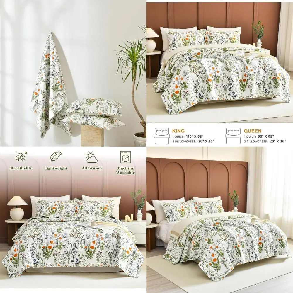 

King Size Floral Cotton Quilt Set, 110x98, 3-Piece, Yellow Flower & Leaf Pattern, Lightweight for Spring/Summer