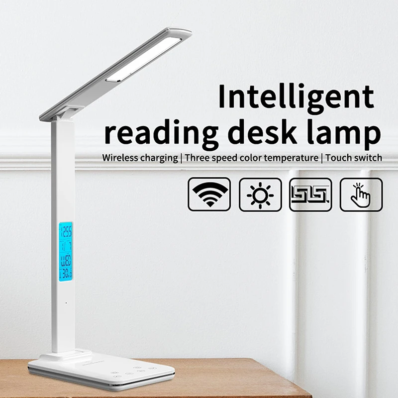 

Wireless Charging LED Desk Lamp With Calendar Temperature Alarm Clock Eye Protect Study Business Light Table Lamp