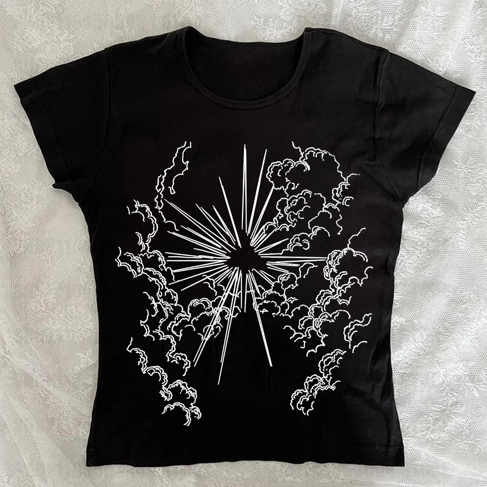 Camiseta estética gótica punk para bebé, camiseta retro de calle informal con estampado geométrico para mujer, ropa de moda Y2K, corte ajustado bonito