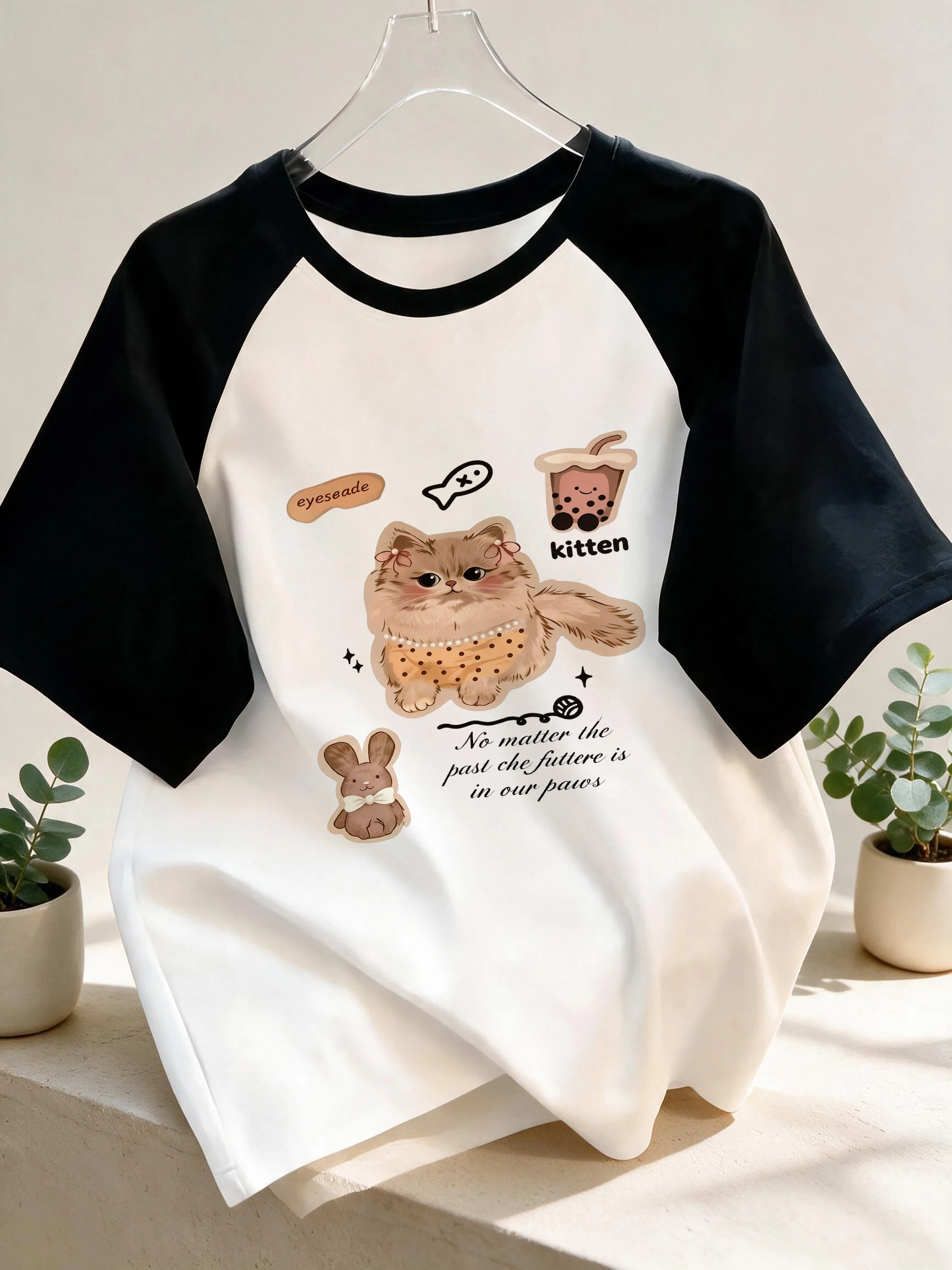 Women's Raglan Sleeve Crew Neck T-shirt Vintage Style Short Sleeve T Shirt with Cat and Letter Print Y2k Kitten Tops Clothes 90s