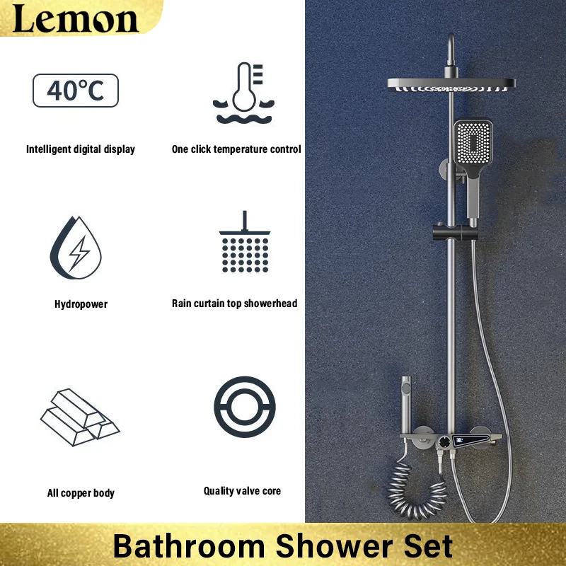 Bathroom shower digital display shower set, full copper body, ceramic valve core, multi-function hand shower