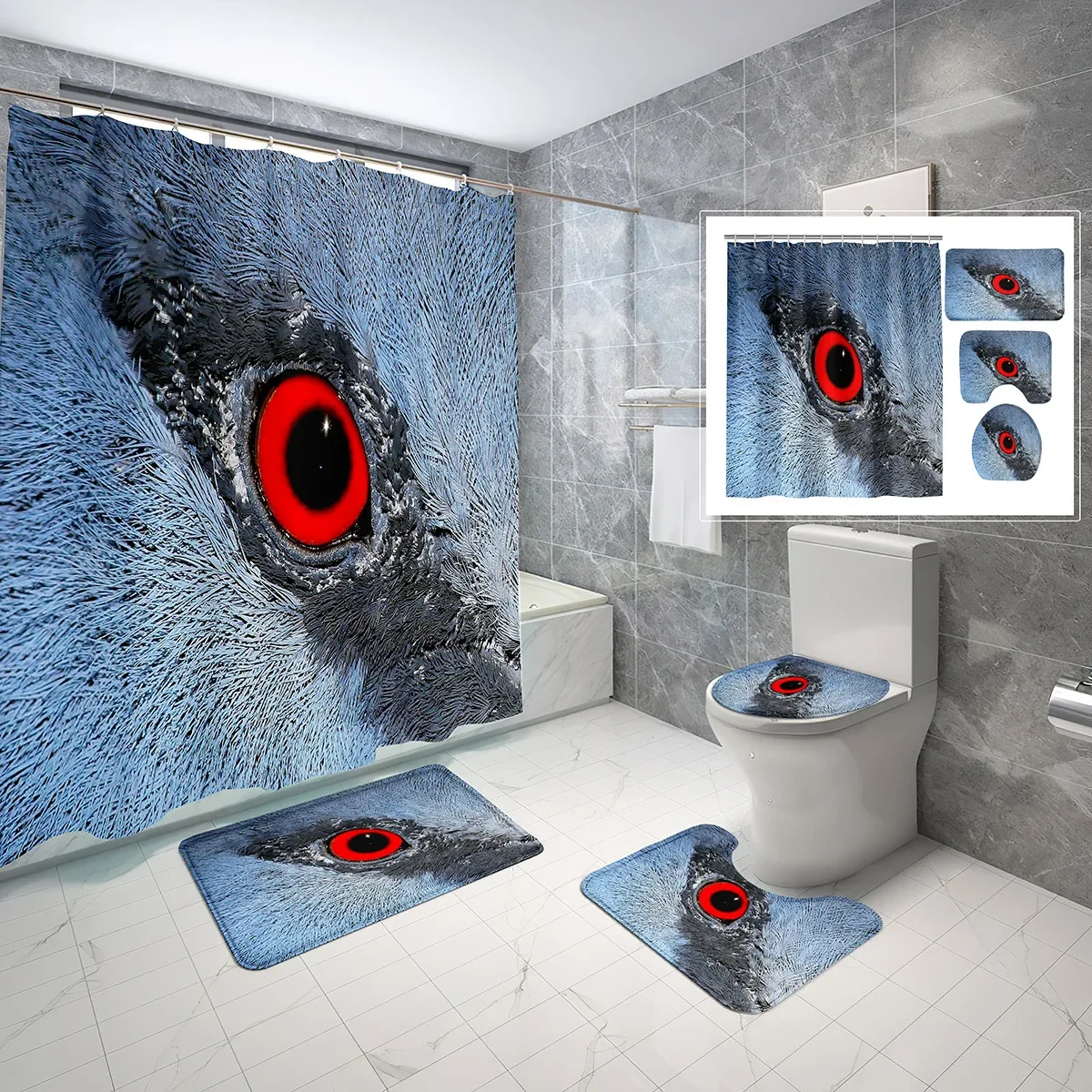 Animals Eyes Series Shower Curtain Sets 4 Pcs Macro Bird Eye Non-slip Bath Mat Toilet Lid Fabric Waterproof Shower Curtain Set