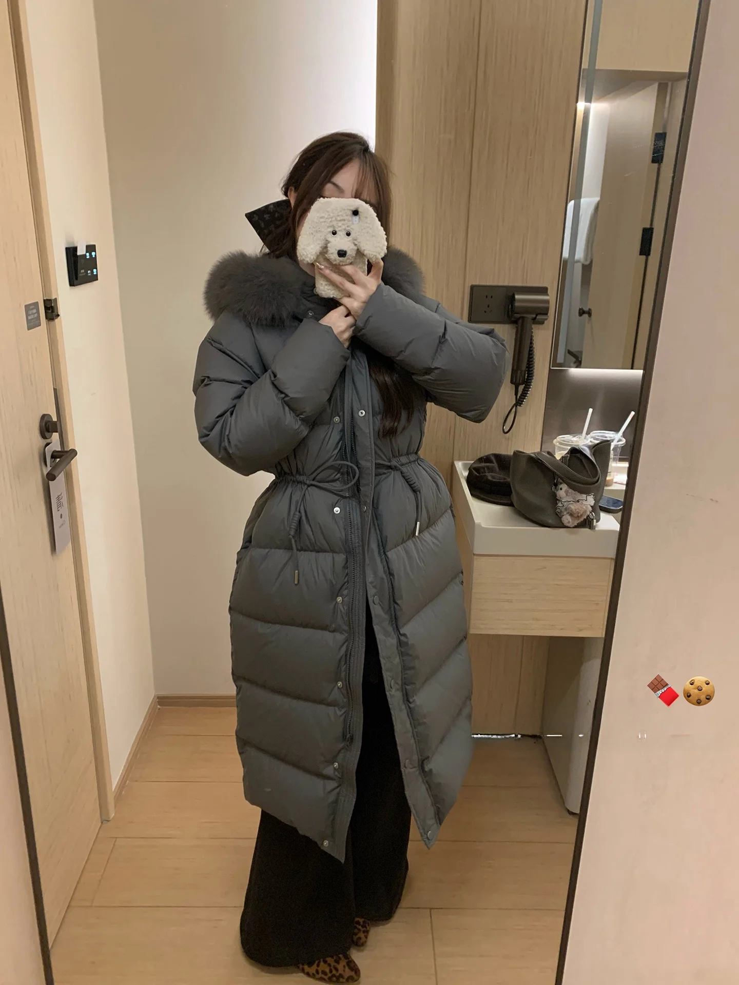 

Warmth And Sle Dual-Wear Fur Collar Hooded Durable New National Stand down Jaet Waist-Cinching Korean Faion Design