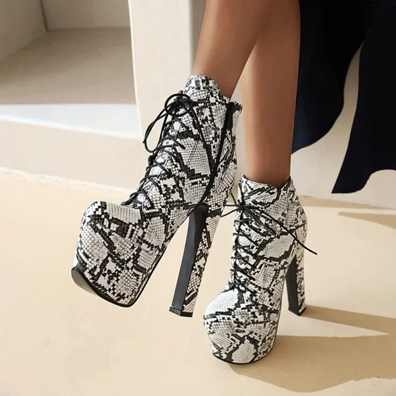 

Women Serpentine Ankle Botas Autumn Winter Super High Heels 17cm Platform 6.5cm Female Booties Round Toe Ladies Boots Shoes Z37