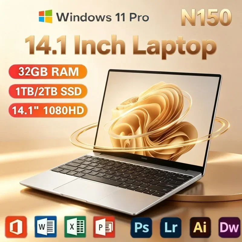 High Performance 14.1'' Portable Notebook Computer Intel N150 32GB RAM 2TB SSD Windows 11 Office Gaming Laptops For Daily Use