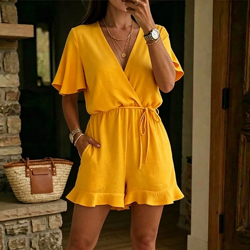Summer Women Jumpsuit V Neck Short Sleeve Elastic Waist Drawstring Short Jumpsuits For Women Casual Romper Female Playsuits view 4