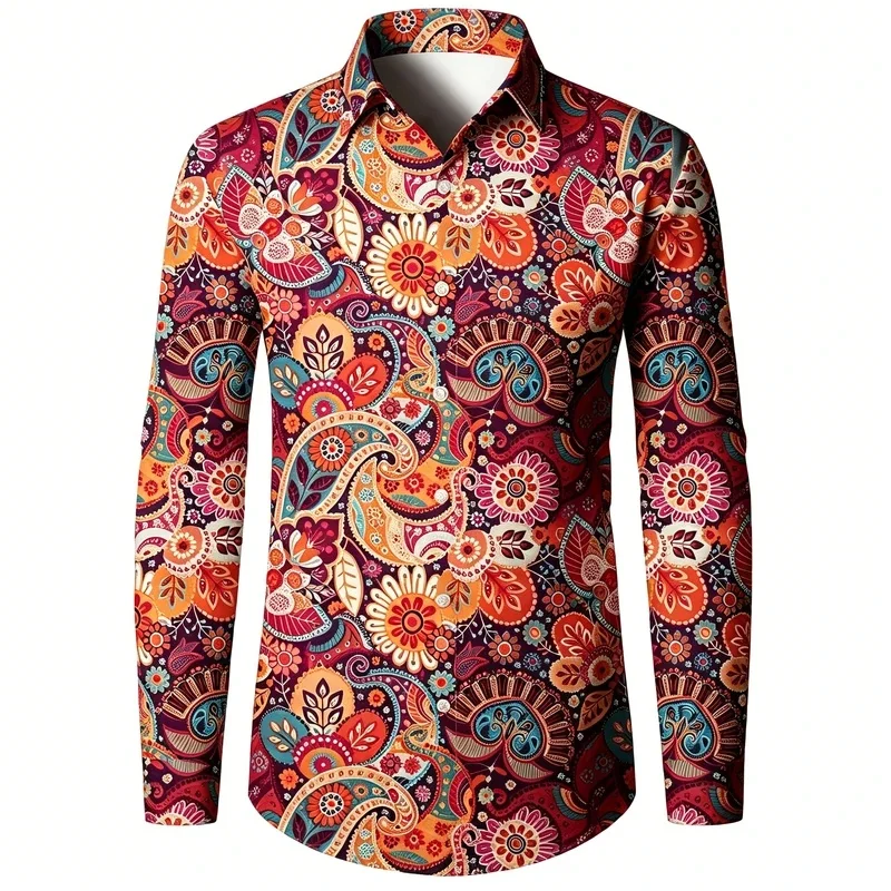Men's collared slim-fit long-sleeved shirt, all-over print, flowy shirt, trendy cardigan for vacations and parties.
