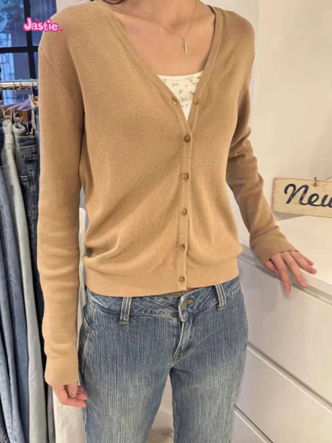 2024 Beige V-neck Knitted Button Cardigan Long Sleeve Versatile Top For Women Single-breasted Short Coat Sweater Knitwear Tops