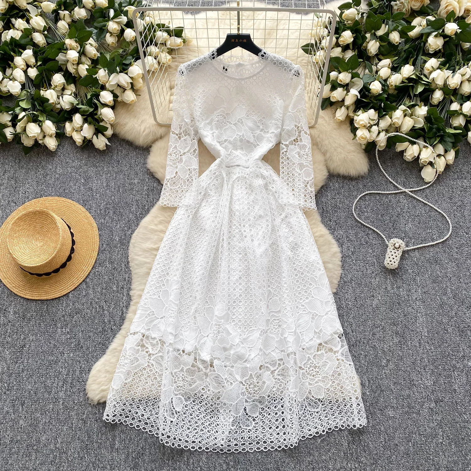 프렌치 훅 플라워 할로우 레이스 긴팔 플로럴 페어리코어 드레스 여성 여름 허리 A라인 행사 드레스 여성 의류