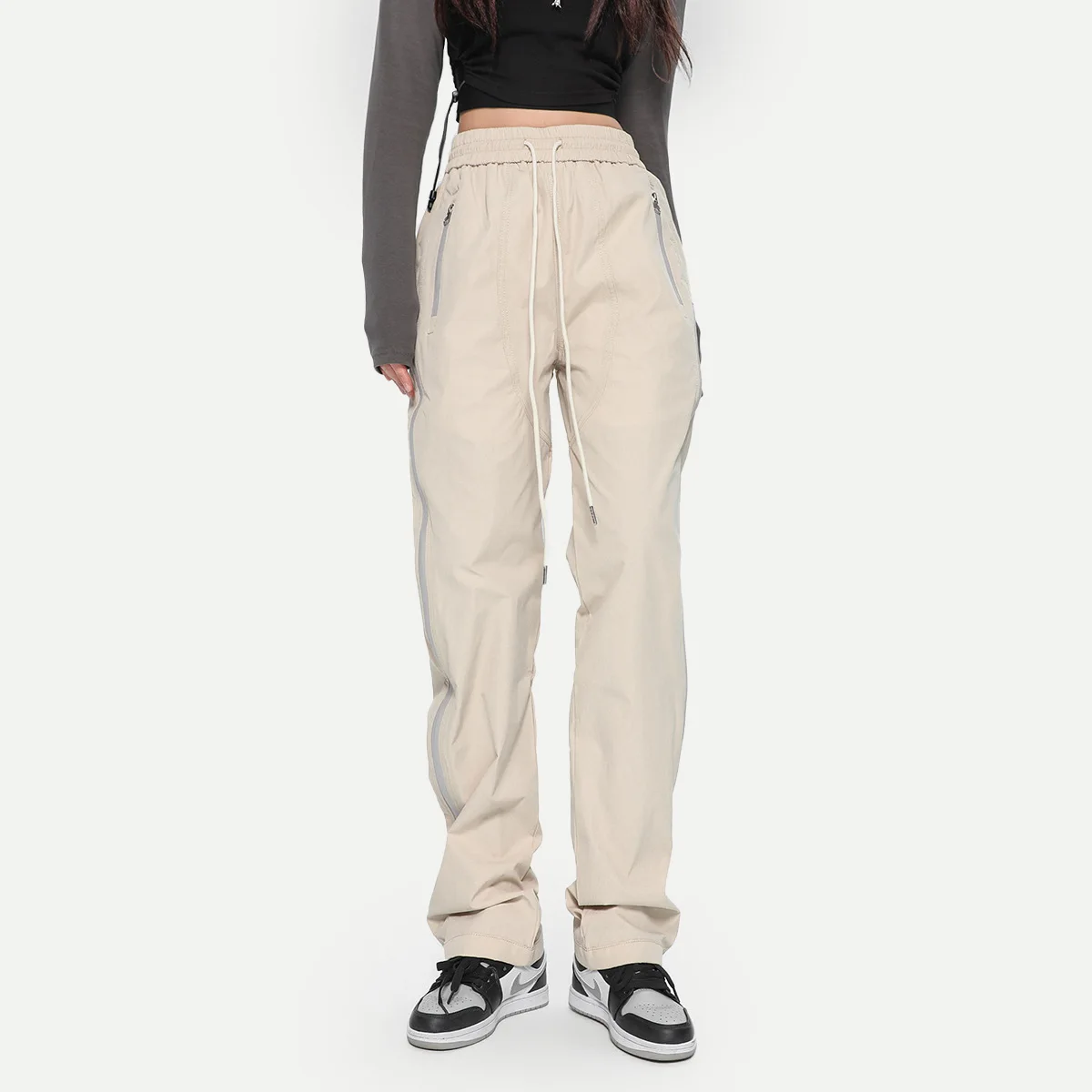 กางเกงลำลองทรงตรงสไตล์อเมริกัน ยี่ห้อแฟชั่น รุ่น Y2K สำหรับผู้หญิง มีซิปที่ปลายขา ดีไซน์บางเบา มีเชือกผูก รุ่นทันสมัย