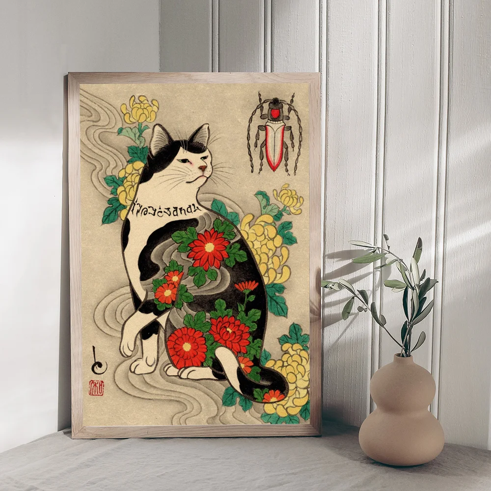 Japanese Samurai Cat Classic Vintage Posters Decoracion Painting Wall Art White Kraft Paper Kawaii Room Decor
