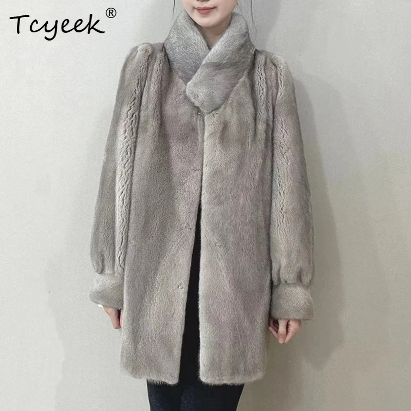 Tcyeek High-end Natural Mink Fur Coat Women Winter Clothes Mid-long Real Fur Coats Wioman Cold-proof New in Coats Fourrure Femme