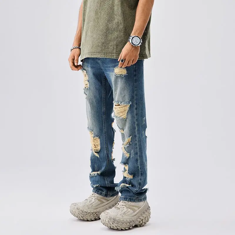 Summer American vintage distressed jeans men's trendy straight high street beggar pants ripped jeans for men  baggy jeans
