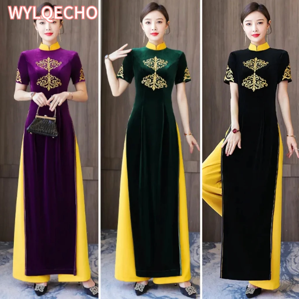 

S-5XL Ao Dai Vietnam Improve Qi pao Women Fashion Long Cheongsam Pants Set Slim Vintage Evening Dresses Chinese New Year Clothes