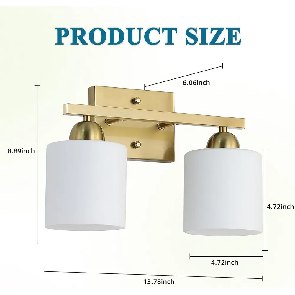 Luci da toeletta dorate a 2 luci a parete con prese in ceramica E26 per bagno in vetro di latte in acciaio inossidabile