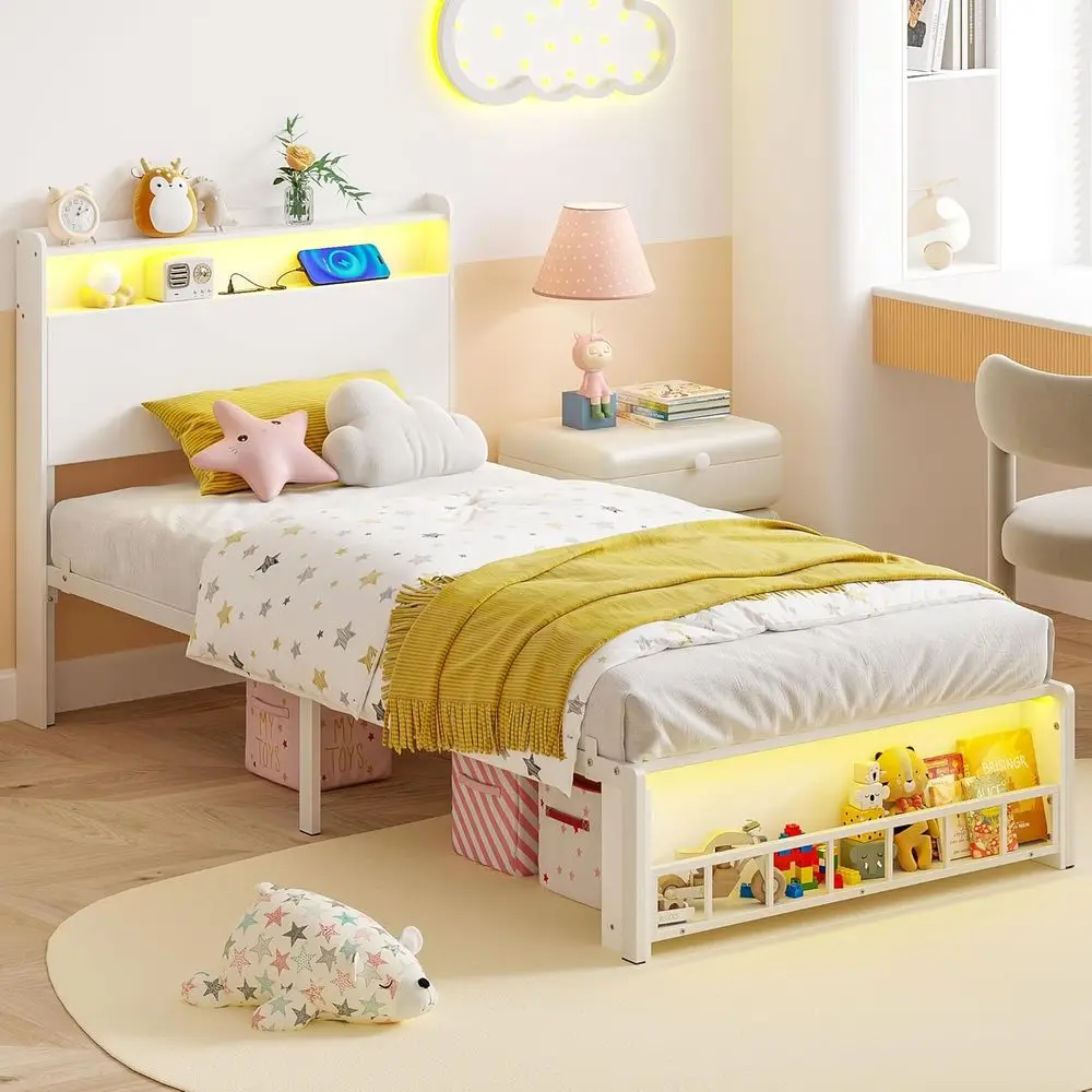 

Белая металлическая кровать-платформа размера Twin с LED-подсветкой и зарядной станцией для мальчиков и девочек, не требует пружинного блока.