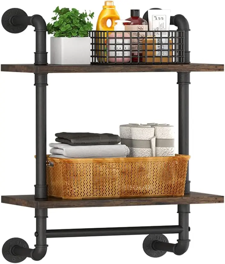 

2-Tier Rustic Wood Floating Bathroom Shelves with Metal Towel Bar, 16' Wall Mounted Storage Shelf for Kitchen, Bathroom