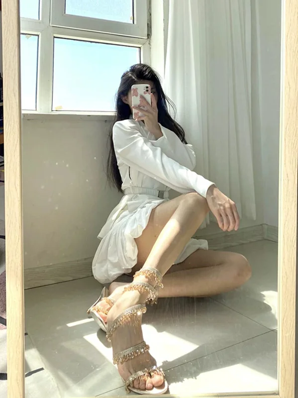 

Women's Serpentine Wrap Around Rhinestone Sandals, Beige Satin Open Toe Stiletto Heels with Dangling Crystal Champagne Crystal D