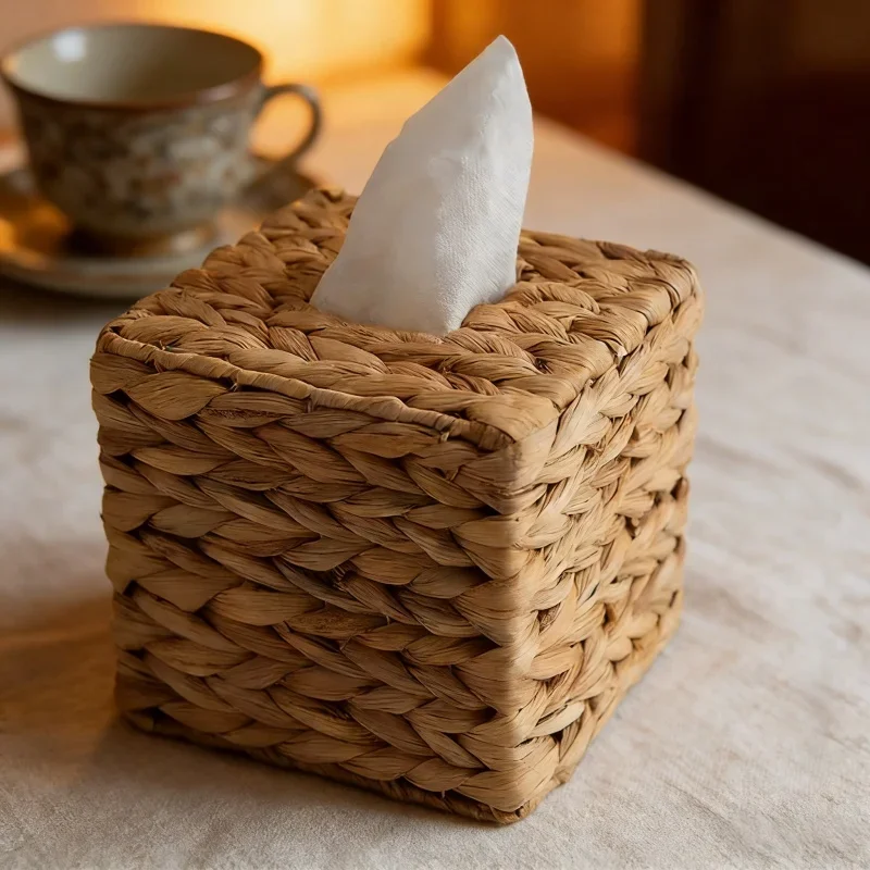 Rattan Gewebte Wasserhyazinthe Taschentuchbox mit Deckel Hygienepapier-Aufbewahrungsorganizer für Haushalt Wohnzimmer Täglicher Bedarf