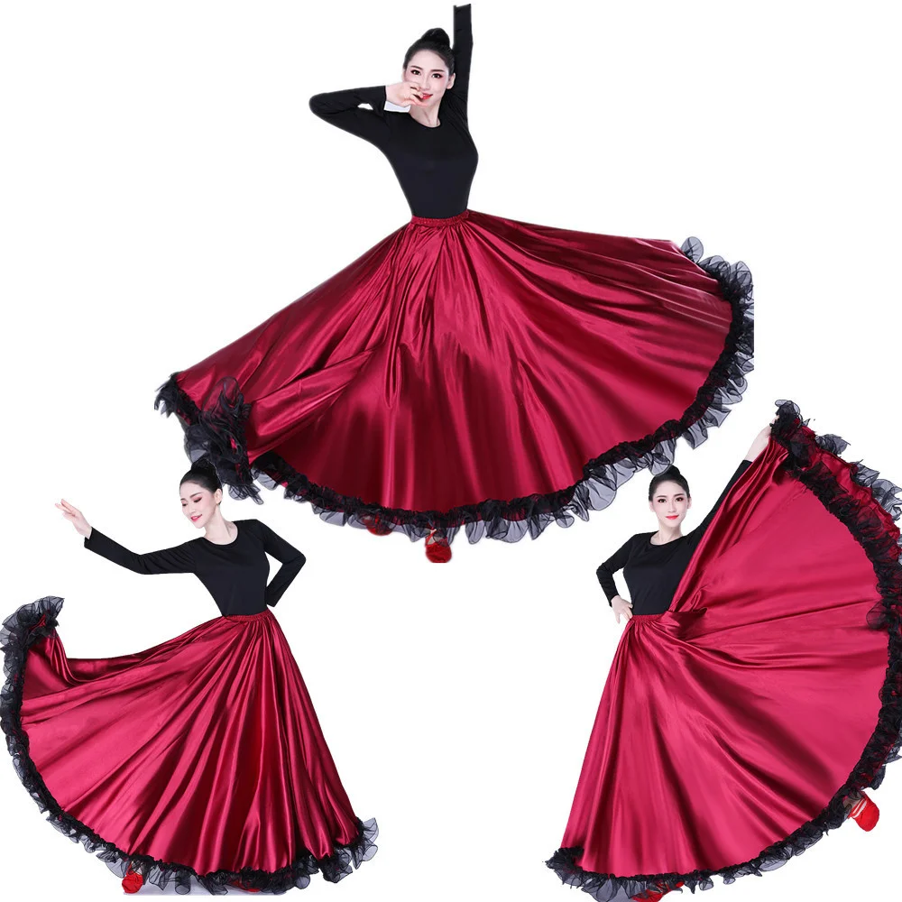 Women Black Red Layers Satin Long Skirt for Spanish Flamenco Belly Dance Gypsy Mexico Ballet Folklorico Performance Costume