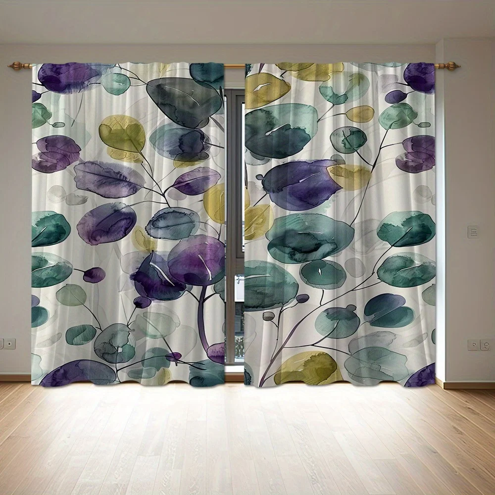 2 Pieces of Contemporary Artistic Curtains with Hand Painted Leaf Patterns  for Multiple Room Types Machine Washable Rod Pocket