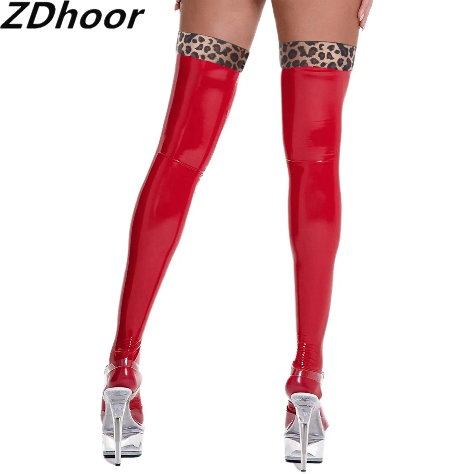 

1 Pair Thigh-high Stockings for Women Wet Look PU Leather Socks with Leopard Printed Openings Anti-slip Glossy Clubwear Hosiery