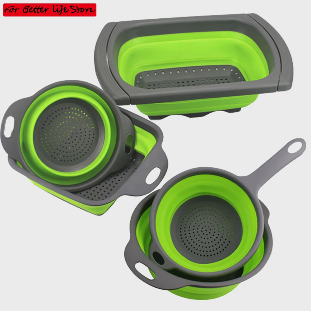 

2 piece Fruit Vegetable Washing Basket Foldable Strainer Silicone Colander Dish Collapsible Drainer Filter Kitchen Storage Tool