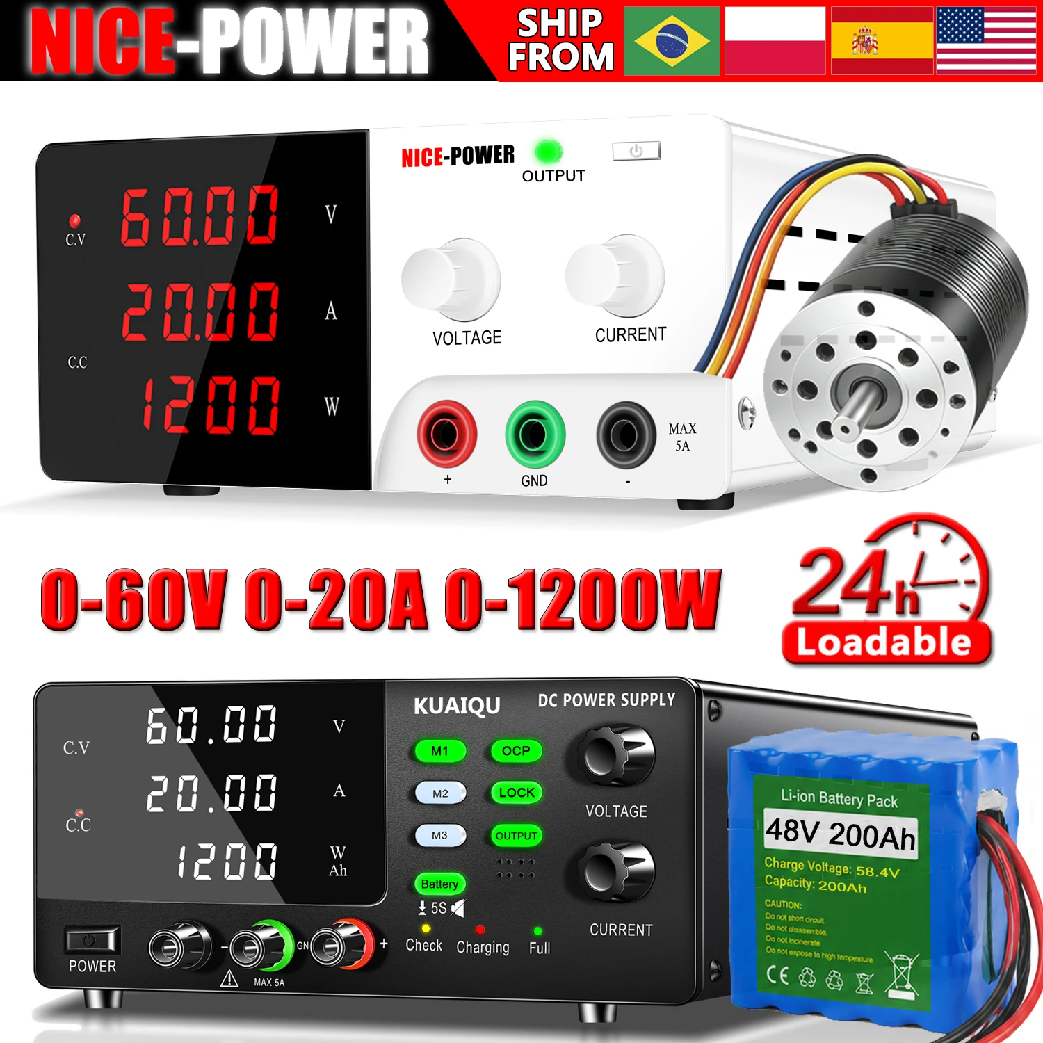 NICE-POWER Adjustable Power Supply For Battery Charging & Motor Test, 60V 20A 1200W Laboratory Benchtop Power Supply, FULL LOAD