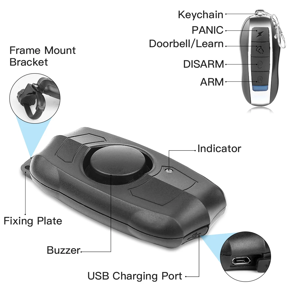 Hollarm USB Charging Bike Alarm Remote Control Security System Scooter Alarm For Motorcycle Anti-Theft Bicycle Vibration Alarm