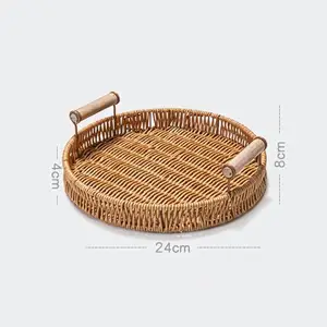 1PC Rattan Handle Store Basket Bread Snack Fruits Round Tray Picnic Fabric Storage Basket 10 Main Sales Wicker and Straw baskets - №5