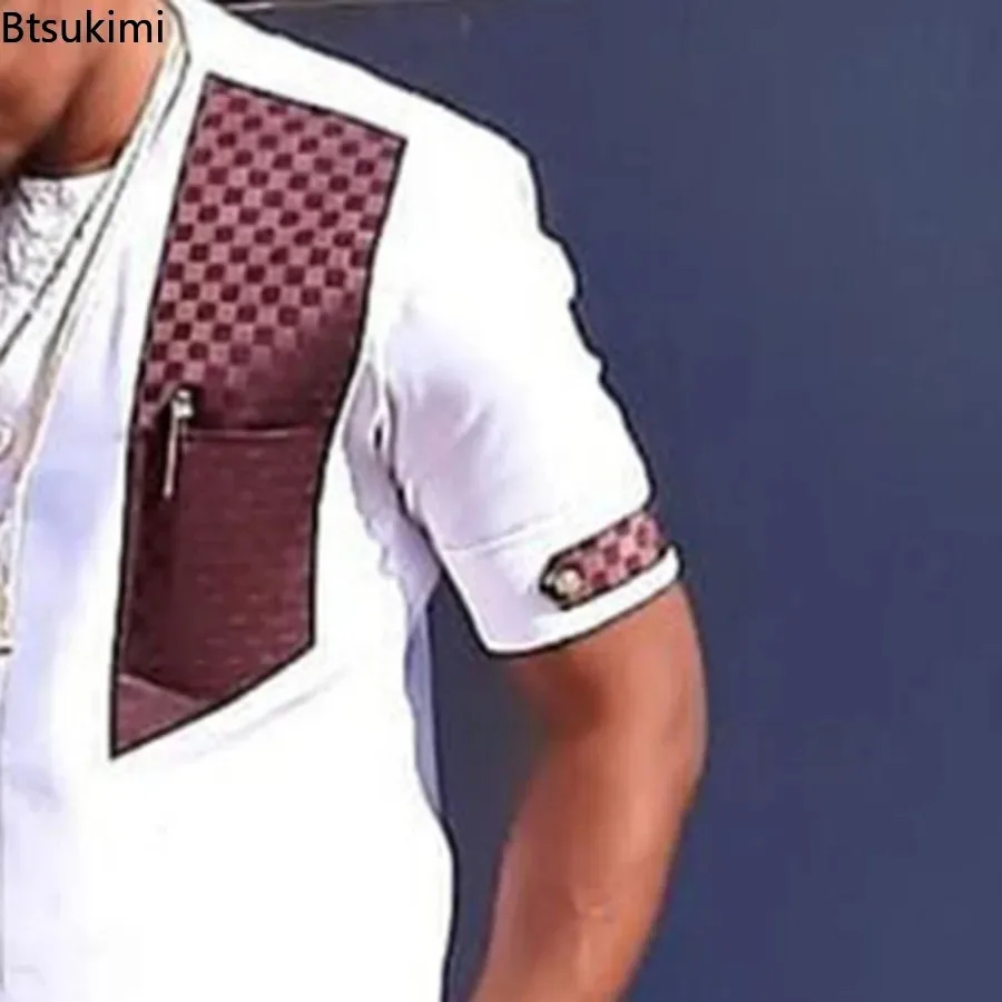 2026 Summer Fashion African Shirts for Men Slim Casual Shirt Tops Patchwork Design Ethnic Style Traditional Men's Clothing S-5XL
