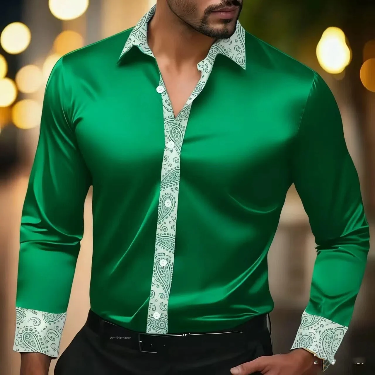 Men's fashion novelty Paisley floral print ethnic style satin shirt casual long sleeved retro vacation daily long sleeved shirt