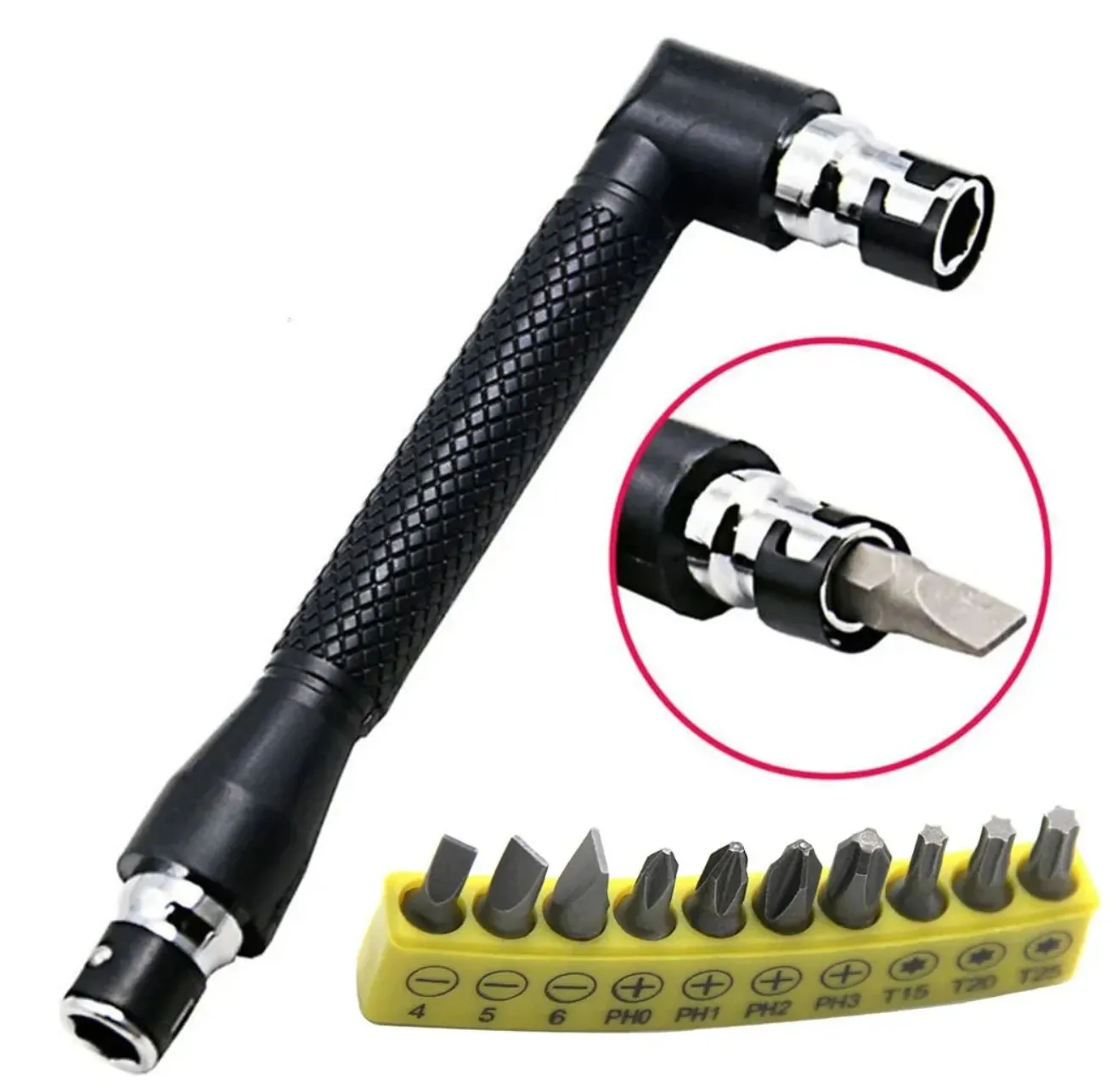 L-shaped 1/4 Hexagonal Screwdriver Bit 90 Degree Double Head Handle Black 6.35 Wrench 10pc Yellow Tape Screwdriver Bit Tool Set