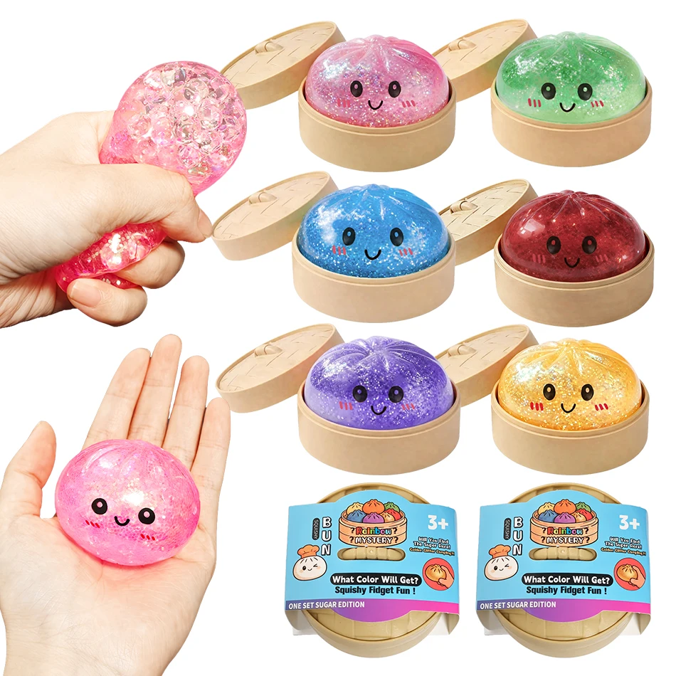 Mini Glitzer-Dumpling Squishy mit Box, sensorisches Quetschspielzeug zur Stresslinderung, zufällige Farbe, weiches TPR