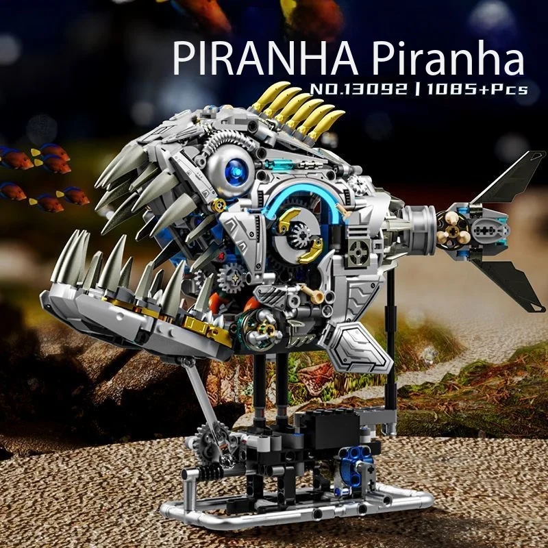 Building blocks, mechanical piranhas, marine life, difficult to assemble, luminous building blocks, male toy model ornaments