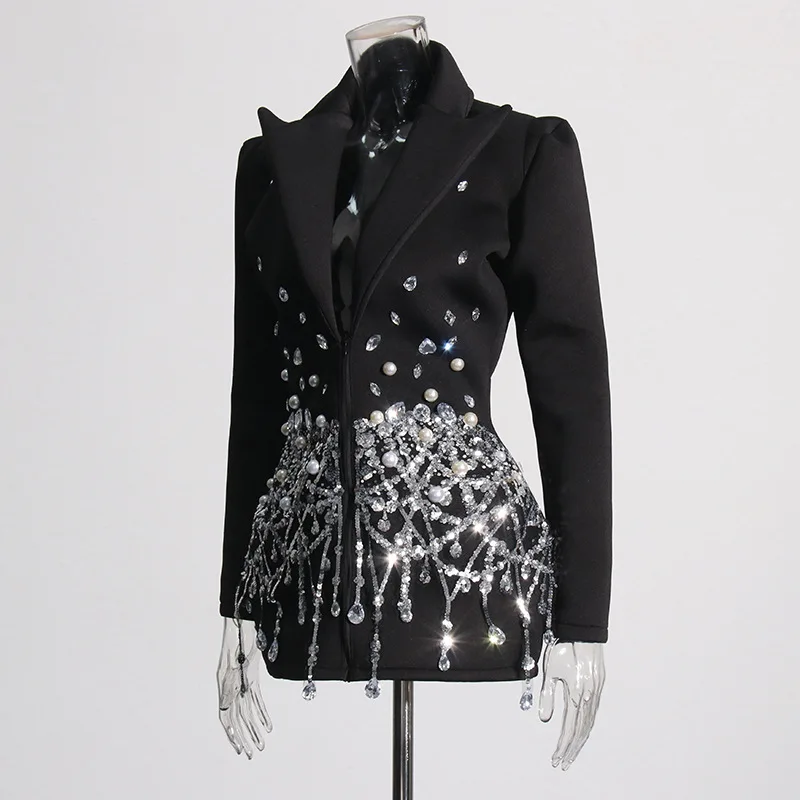 2025 New Sexy Blazer Dress with Rhinestones Butterfly Lapel Long Sleeve Short Office Lady Dress