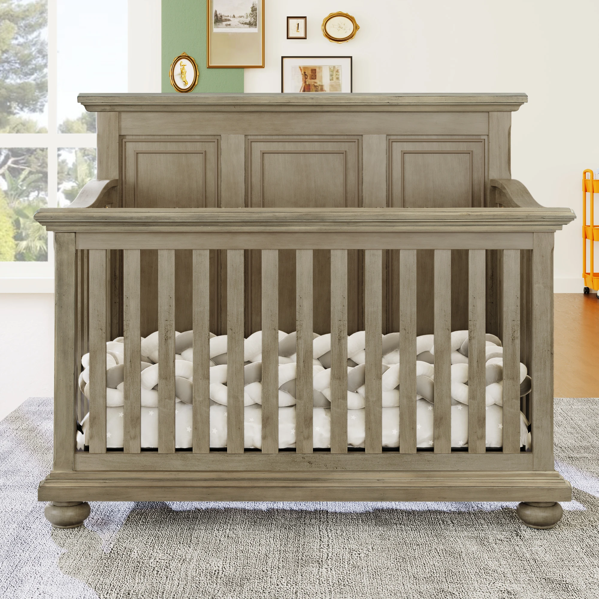 Cuna Convertible de tamaño completo 4 en 1 de estilo granja tradicional, se convierte en cama para niños pequeños, cama de día y cama de tamaño completo, gris piedra