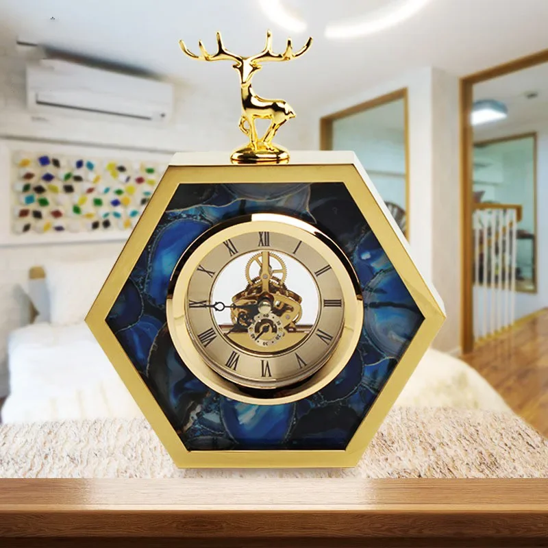 

Blue Agate Texture Decorative Table Clock Nordic Golden Deer Decorative Clocks for Desktop Metal Frame Ornaments Home Decoration