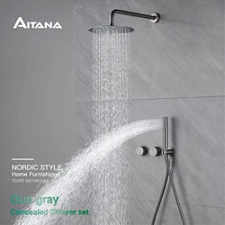 Simple black brass shower system with wall mounted design Two handles Dual control for Hot & Cold 2-function hidden bathroom Tap