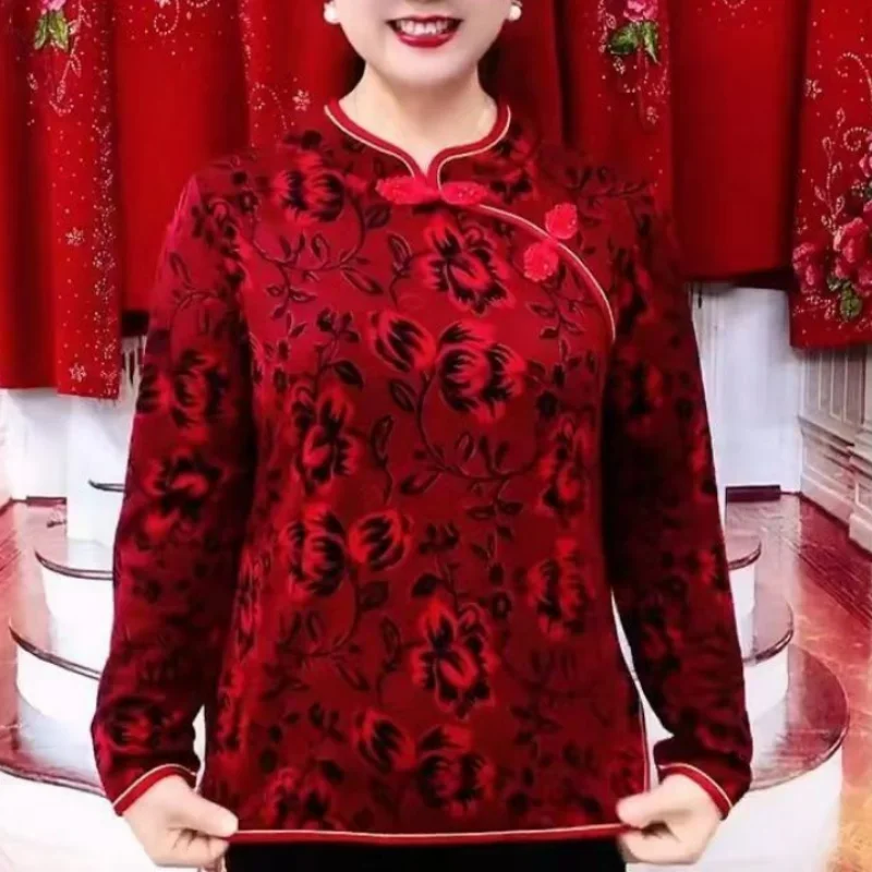 เสื้อยืดผู้หญิงสไตล์วินเทจ คอตั้ง ลายดอกไม้ แฟชั่นฤดูใบไม้ผลิและฤดูใบไม้ร่วง ทรงหลวม ใส่เป็นเสื้อตัวในหรือเสื้อตัวนอก แขนยาว สไตล์ลำลอง