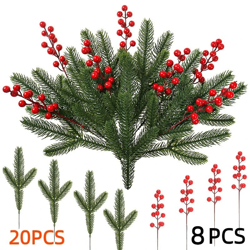 28Pcs Christmas Artificial Pine Branches Holly Red Berry Stems Fake Greenery Pine Needles Evergreen Picks Christmas Tree Filler