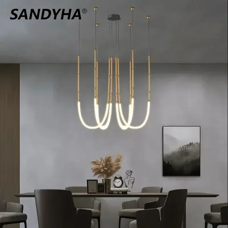 

SANDYHA Modern Simple Chandelier for Living Dining Room Creative Duplex Floor Lotf LED Lamp Stairwell Bamboo Pendant Lighting